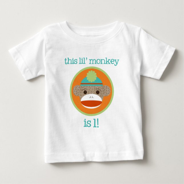 Bright Sock Monkey: First Birthday Baby T-Shirt (Front)