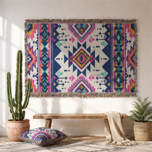 Bright Southwestern Pink Navy Teal & Gold Aztec Throw Blanket