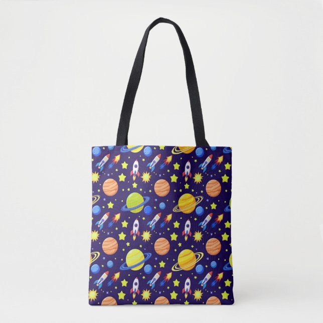 Bright Space Adventure Rockets Planets Stars Tote Bag (Front)