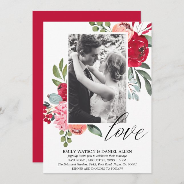 Bright Spring Floral Script Love Photo Wedding Invitation (Front/Back)