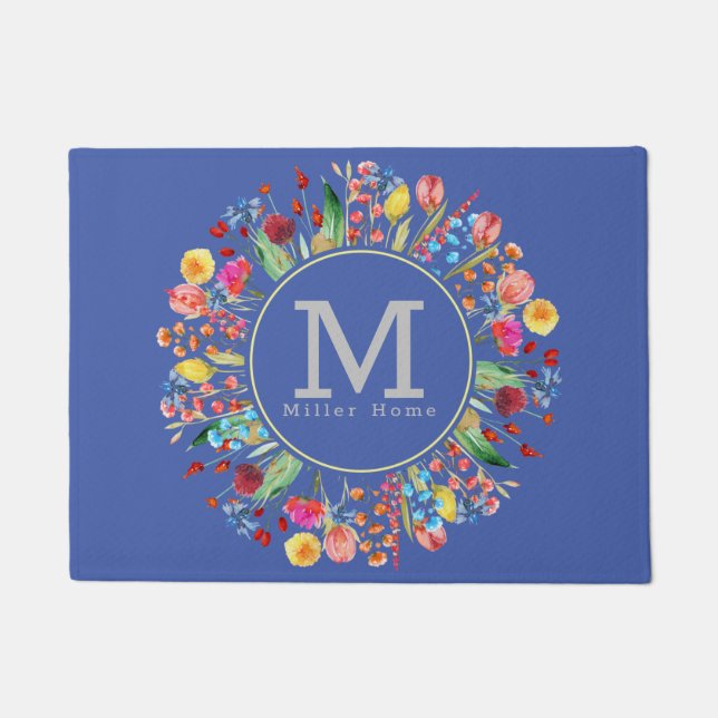 Bright Spring Flowers Periwinkle Blue Custom  Doormat (Front)