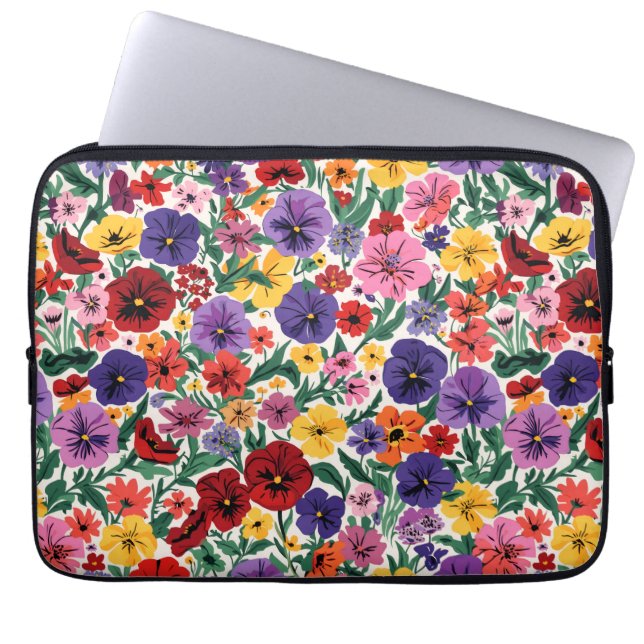 Bright Spring Pansies Floral Garden Pattern Laptop Sleeve (Front)