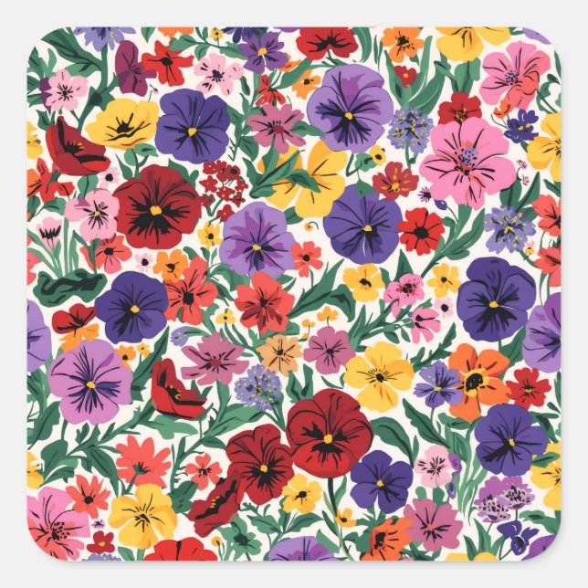 Bright Spring Pansies Floral Garden Pattern Square Sticker (Front)