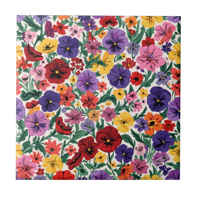 Bright Spring Pansies Floral Garden Pattern Tile (Front)