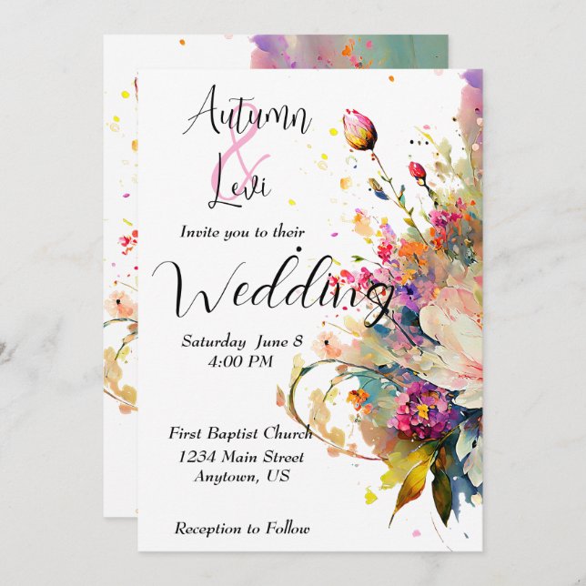 Bright spring watercolor floral Wedding Invitation (Front/Back)