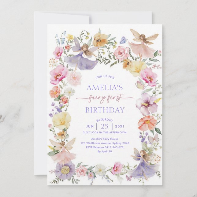 Bright Spring Wildflower Fairy 1st Birthday Invitation (Front)