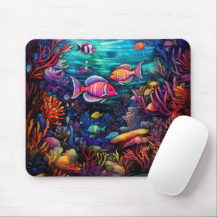 BRIGHT STAINED GLASS LOOK UNDERWATER WITH FISH MOUSE PAD