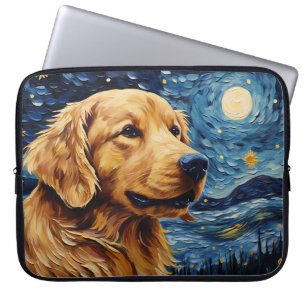 BRIGHT STARRY NIGHT WITH GOLDEN RETRIEVER DOG LAPTOP SLEEVE