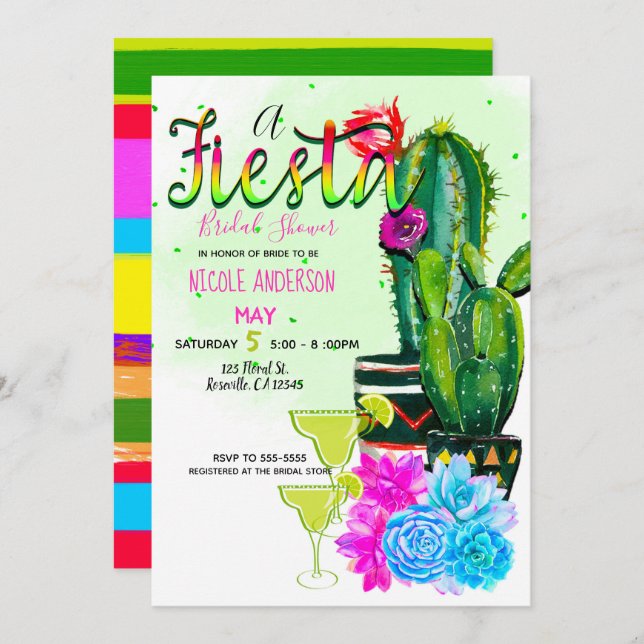 Bright Stripes Fiesta Succulents Bridal Shower Invitation (Front/Back)