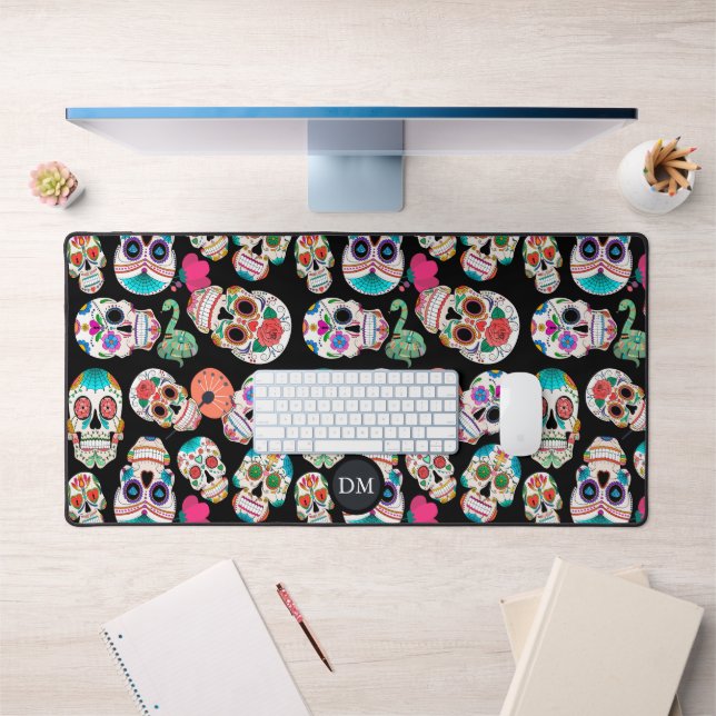 Bright Sugar Skulls Pattern Monogram Desk Mat (Office 1)
