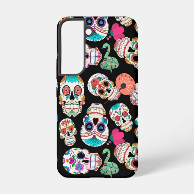 Bright Sugar Skulls Pattern on Black Samsung Galaxy S22 Case (Back)