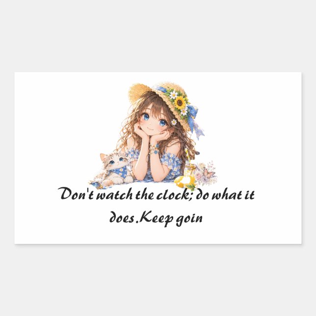 • Bright Summer Anime Girl & Kitten Keep Going Quo Rectangular Sticker (Front)