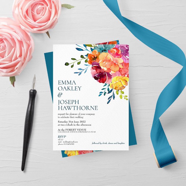 Bright Summer colorful turquoise floral Wedding  Invitation (Creator Uploaded)