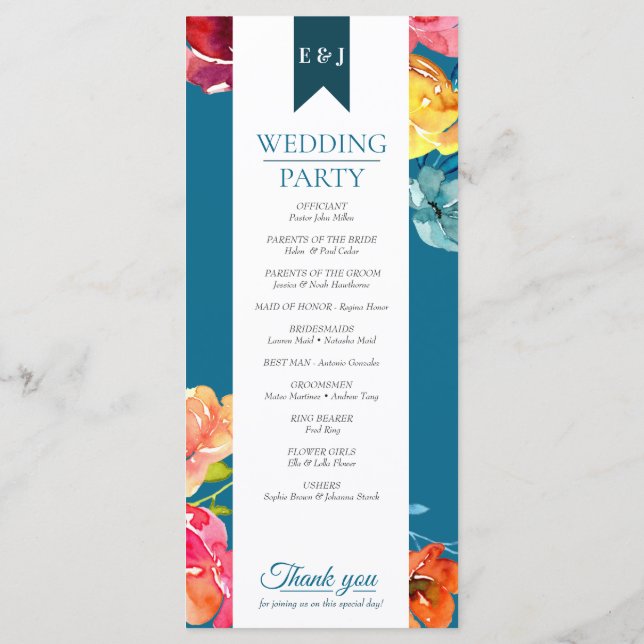 Bright Summer colourful petrol Wedding Program Programme (Back)