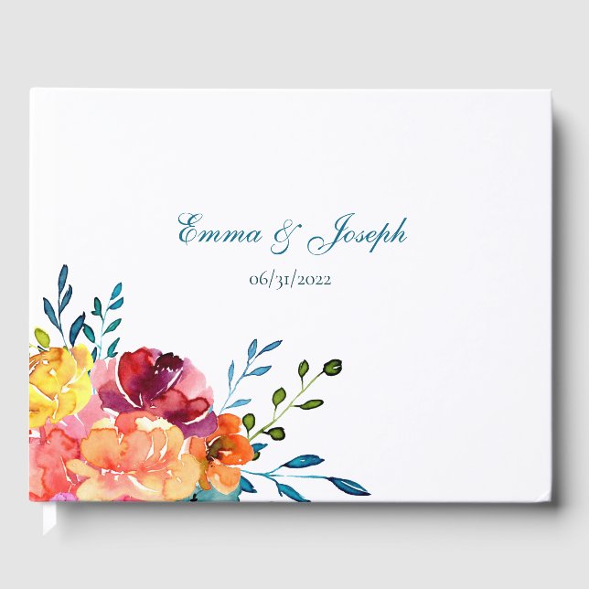 Bright Summer colourful turquoise floral Wedding Guest Book (Front)