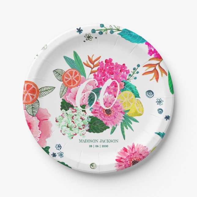 Bright summer floral & fruit birthday party invita paper plate (Front)