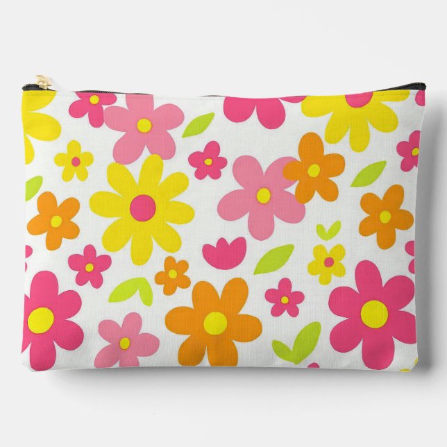 Bright Summer Floral Retro Pink and Yellow Pattern Accessory Pouch (Front)