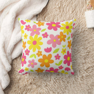 Bright Summer Floral Retro Pink and Yellow Pattern Cushion