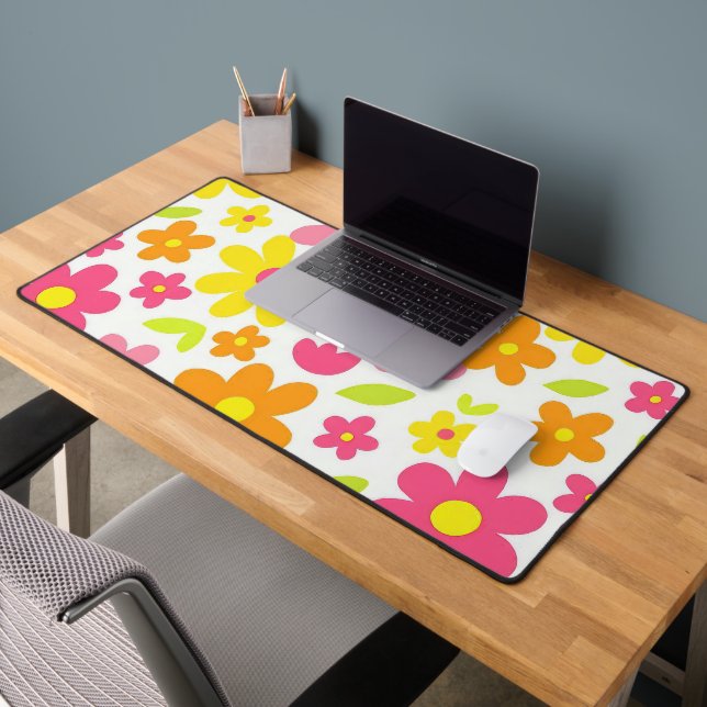 Bright Summer Floral Retro Pink and Yellow Pattern Desk Mat (Office 2)