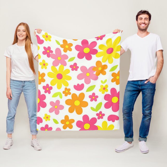 Bright Summer Floral Retro Pink and Yellow Pattern Fleece Blanket (In Situ)