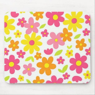 Bright Summer Floral Retro Pink and Yellow Pattern Mouse Pad
