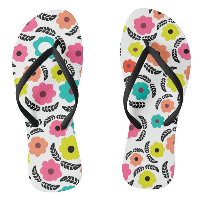 Bright Summer Flowers and Black Leaf Pattern Jandals (Footbed)