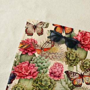Bright summer pattern with butterflies and cacti Beach Towel