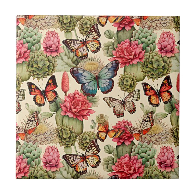  Bright summer pattern with butterflies and cacti  Tile (Front)