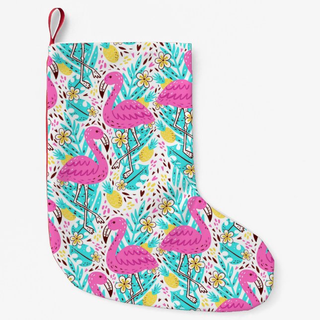 Bright summer pattern with flamingo, hearts, ice-c small christmas stocking (Front)