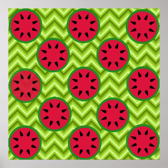 Bright Summer Picnic Watermelons on Green Chevron Poster (Front)