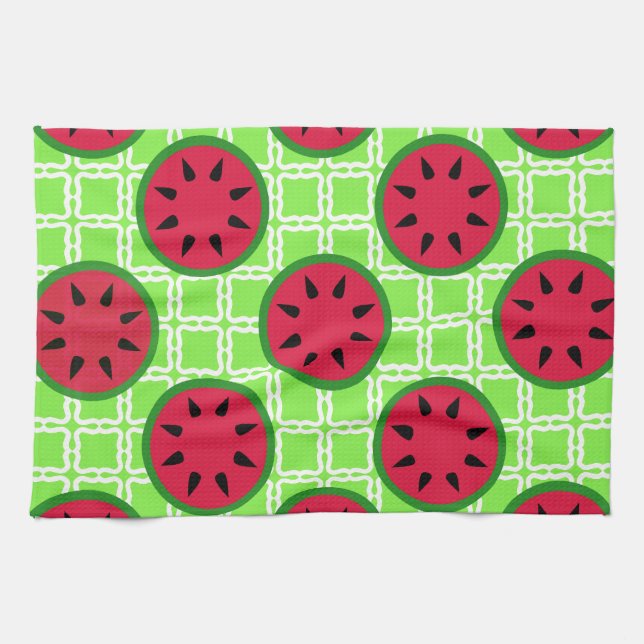 Bright Summer Picnic Watermelons on Green Squares Tea Towel (Horizontal)