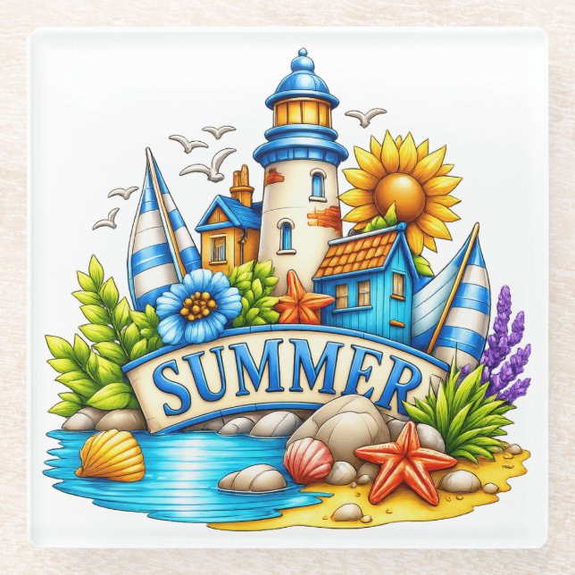 BRIGHT SUMMER THEMED SCENE GLASS COASTER (Front)