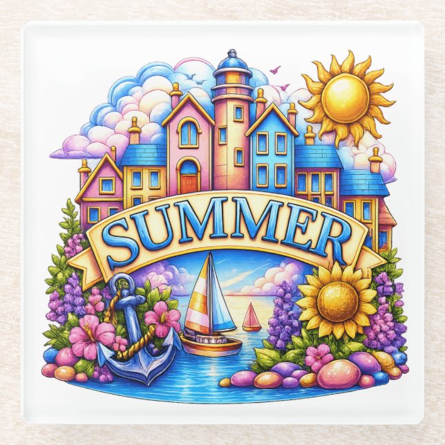 BRIGHT SUMMER THEMED SCENE GLASS COASTER (Front)
