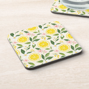 Bright Summer Yellow Lemon Slices and Flowers Coaster