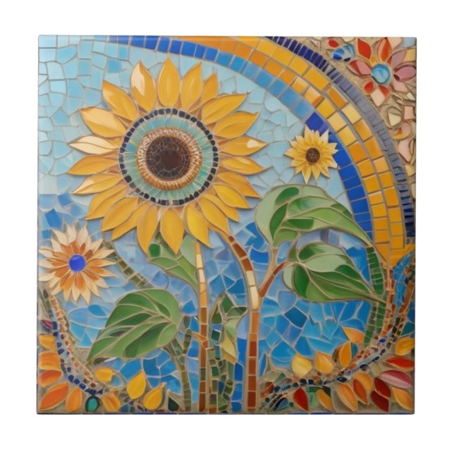 Bright Summery Sunflower Faux Mosaic Sky Blue Tile (Front)