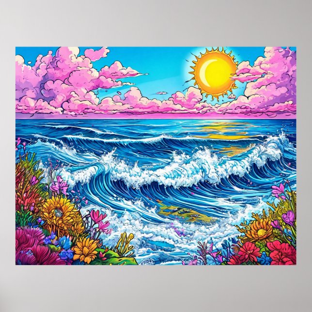 Bright sun illuminating the ocean waves poster (Front)