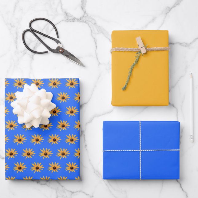 Bright Sun Yellow Flowers on Royal Blue Wrapping Paper Sheet (Front)