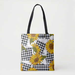 Bright sunflower flowers on checkered patches. Sea Tote Bag