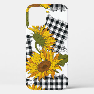 Bright sunflower flowers on chequered patches. Sea iPhone 12 Case
