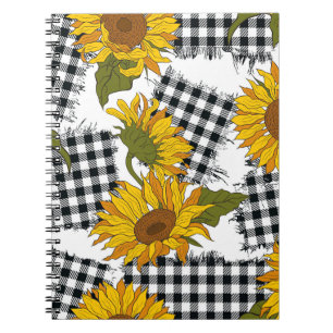 Bright sunflower flowers on chequered patches. Sea Notebook