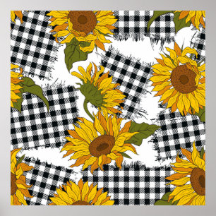Bright sunflower flowers on chequered patches. Sea Poster