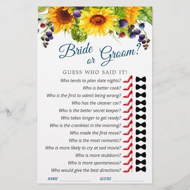 Bright Sunflower Greenery Chic  Bridal Shower Game (Front)