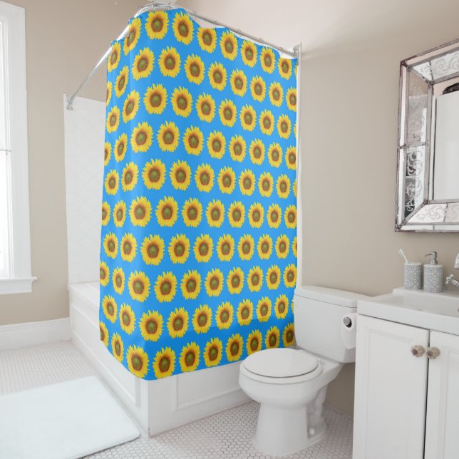 Bright Sunflower Pattern on Blue Shower Curtain (In Situ)