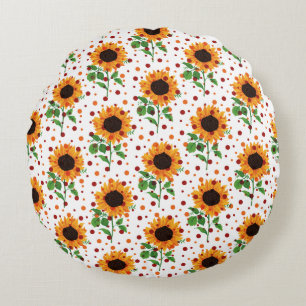 Bright Sunflower & Polka Dots Summer Floral Patter Round Cushion