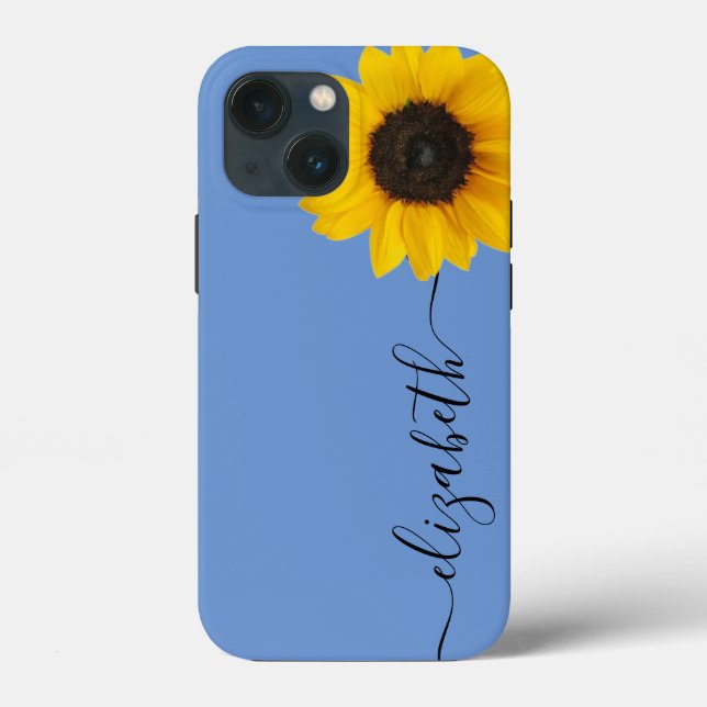 Bright Sunflower Script Stem Name Blue iPhone Case (Back)
