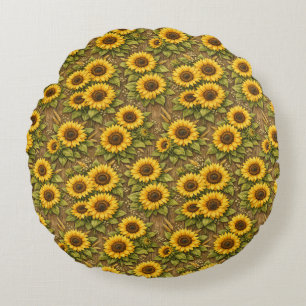 Bright Sunflower Seamless Repeat Pattern Round Cushion