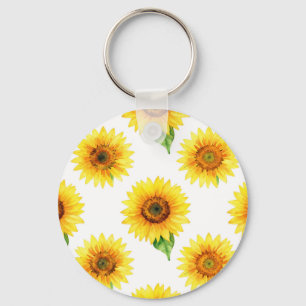 Bright Sunflower Watercolor Seamless Pattern Key Ring
