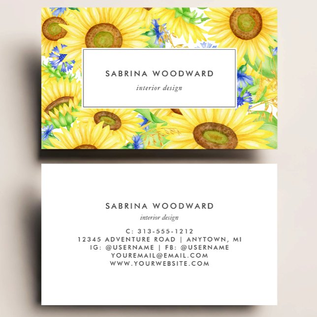 Bright Sunflower Watercolor Yellow Blue Business Card (Creator Uploaded)