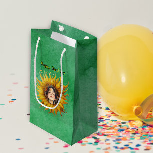 Bright Sunflower With Girls Face on Green Small Gift Bag