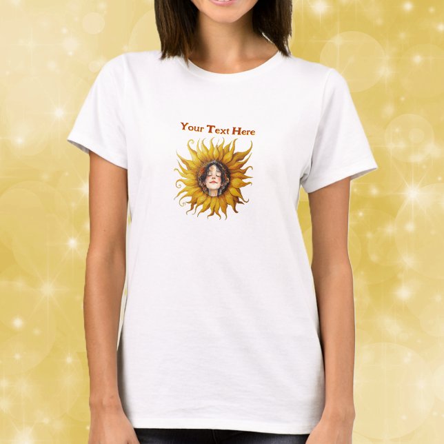 Bright Sunflower With Smiling Girls Face in Center T-Shirt (Cute girl's face in bright yellow ornate sunflower on womans tee shirt.)